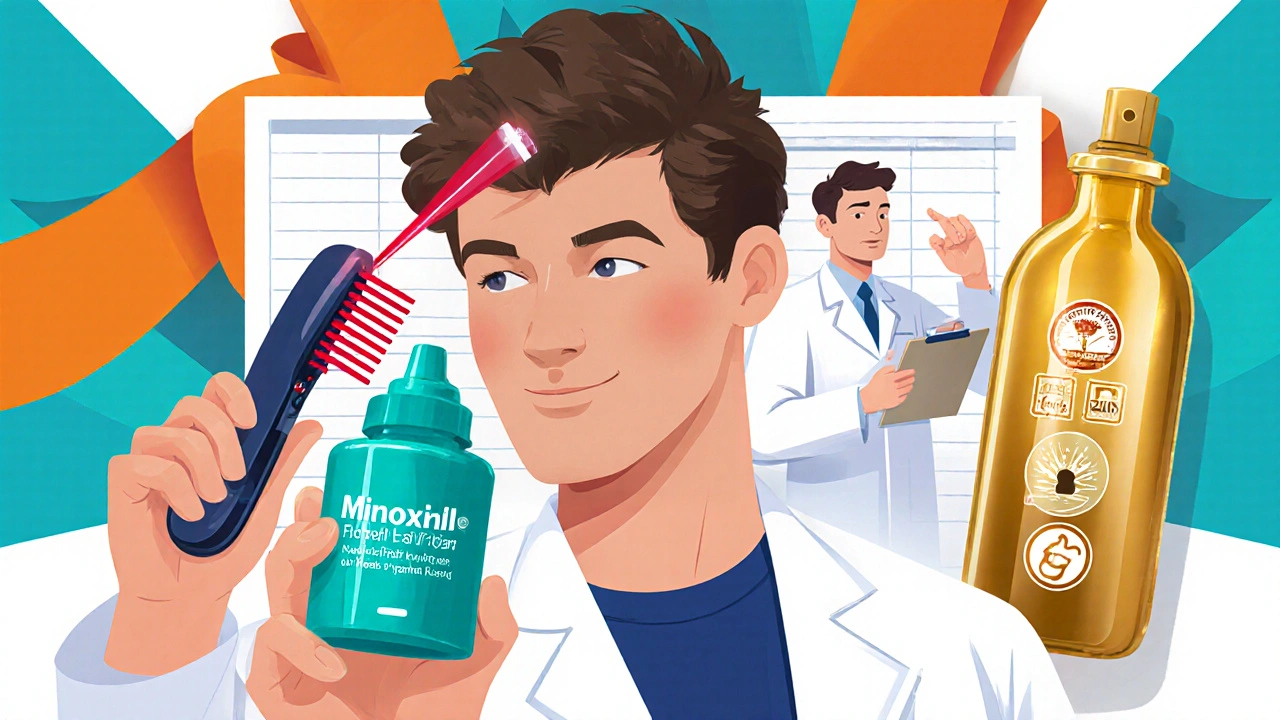 Cartoon collage of scalp care, supplements, and doctor discussing medication change.