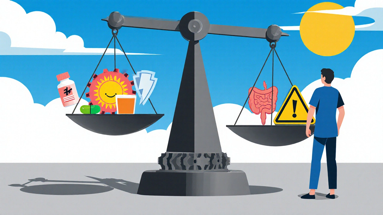 Cartoon constructivist scene of a patient weighing antibiotic options on a scale while wearing sunscreen.