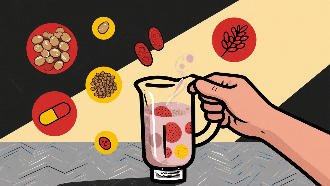 Cartoon kitchen scene with a smoothie made of soy milk, flaxseed, berries and floating phytoestrogen icons.