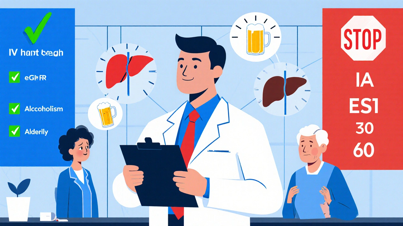 Cartoon of a doctor evaluating eGFR and risk factors for contrast use.
