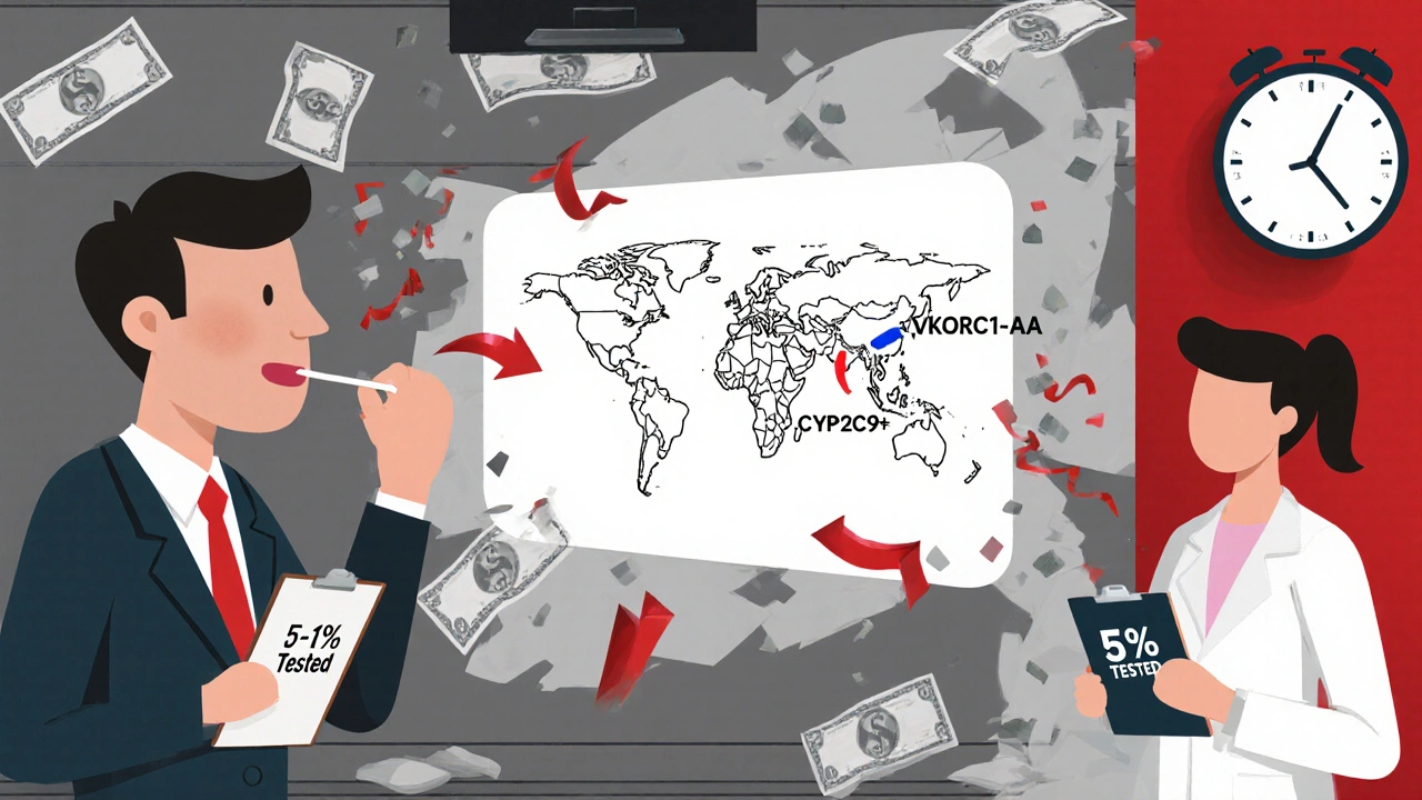 Cheek swab transforming into genetic map on clinic wall, doctors holding clipboards with low testing stats