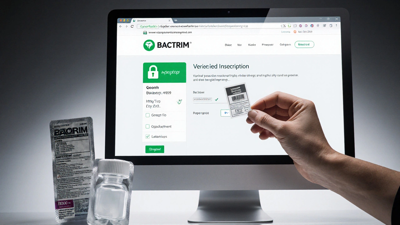 Close‑up of secure pharmacy checkout page with prescription upload and Bactrim bottle.