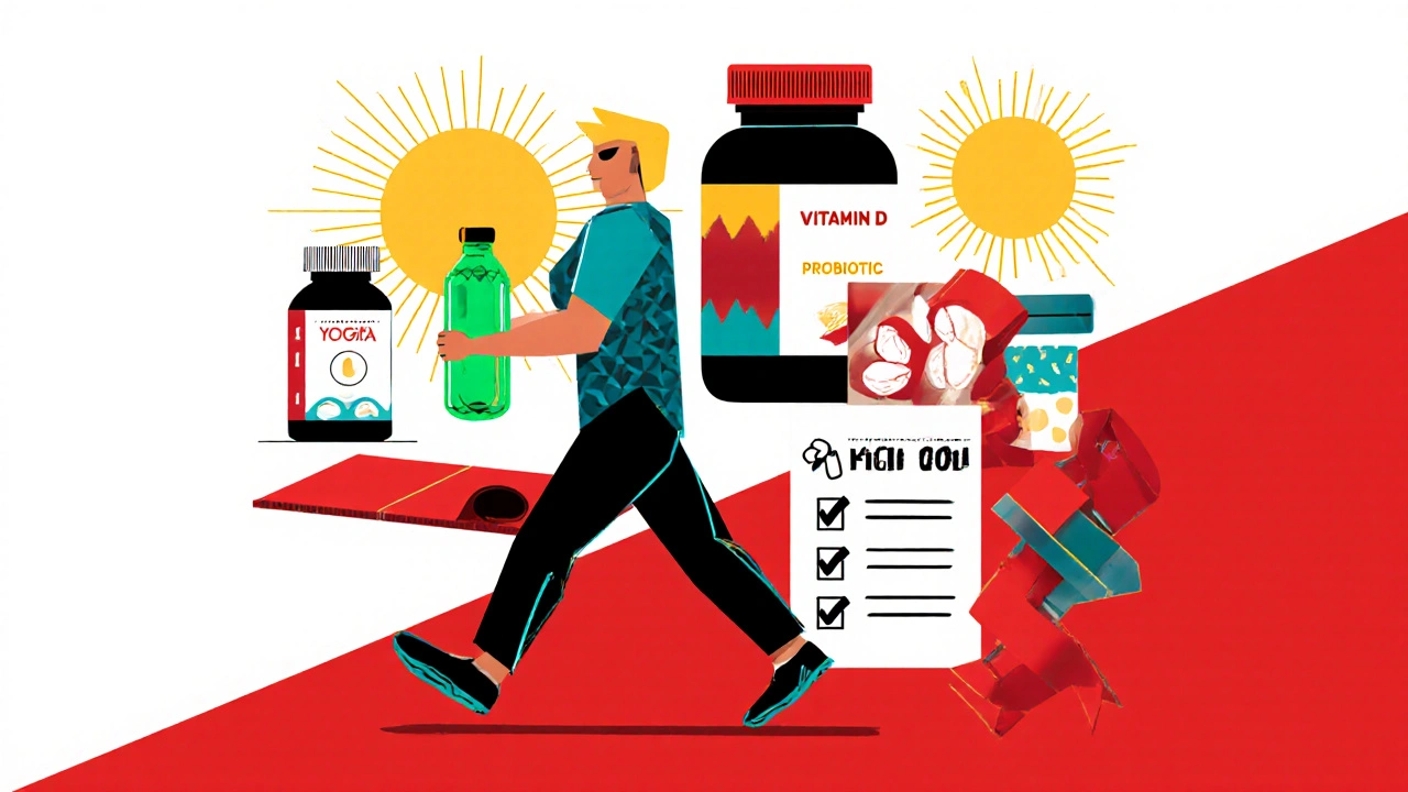 Collage of a walking figure, supplement bottles, sunlight, yoga mat, and checklist representing lifestyle tips.