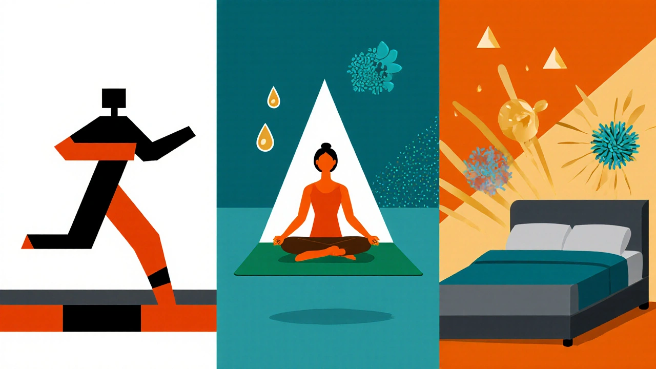 Collage of walking, yoga, sleep, gut microbes and omega‑3 symbols supporting estriol in a constructivist style.