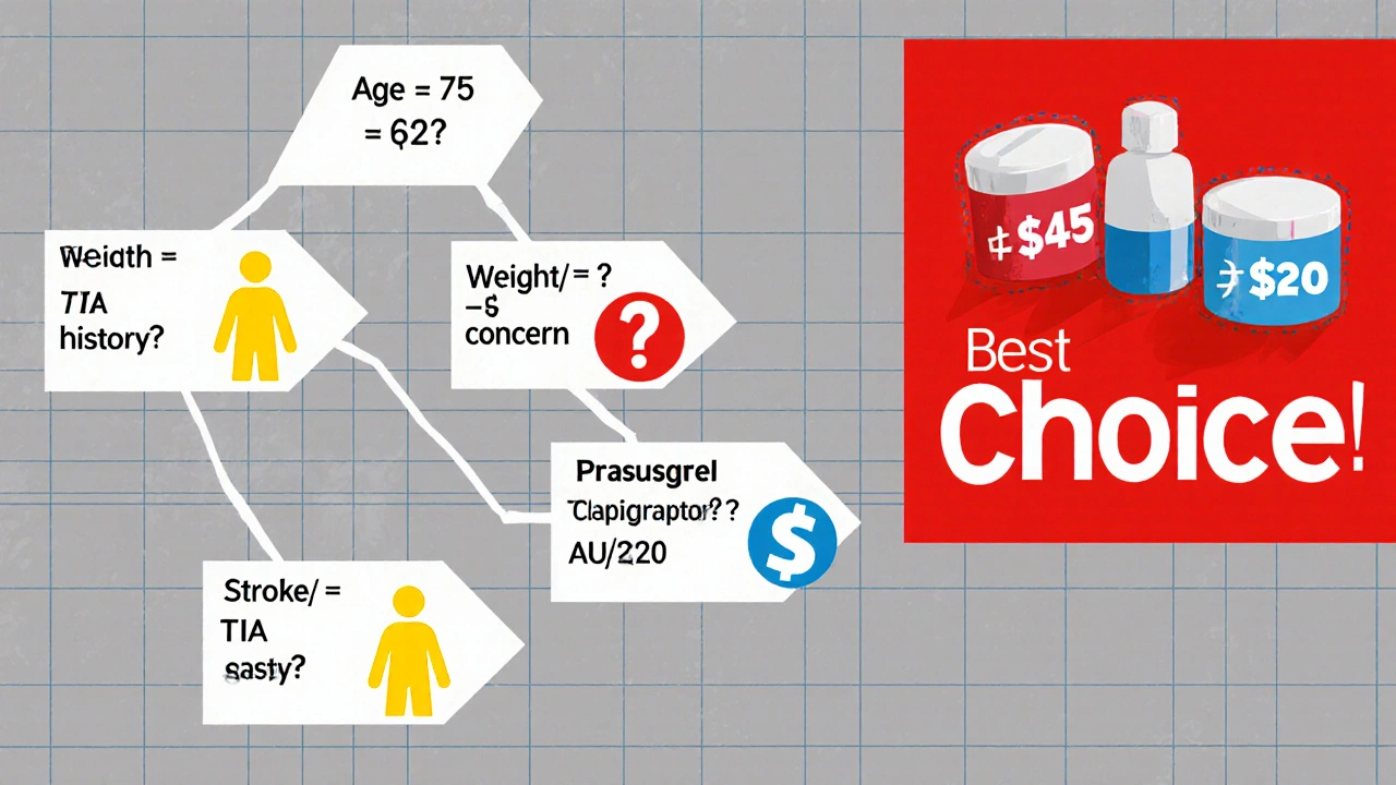 Constructivist decision tree showing patient factors, costs, and recommended antiplatelet drug.
