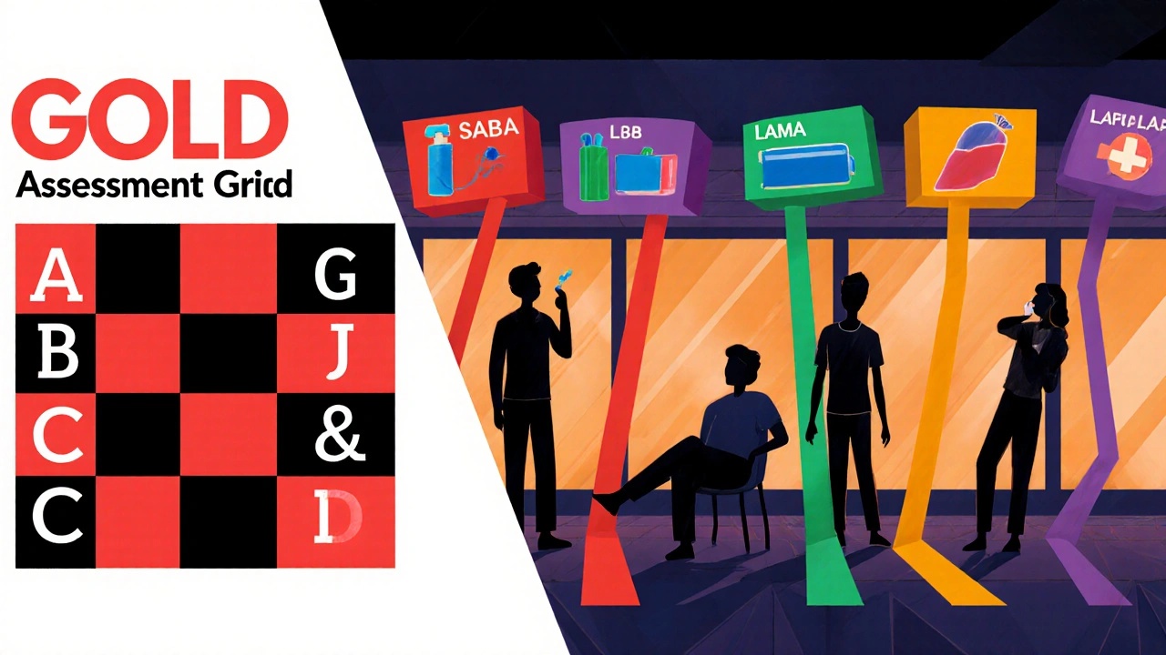 Constructivist diagram linking GOLD ABCD categories to four different inhaler icons.