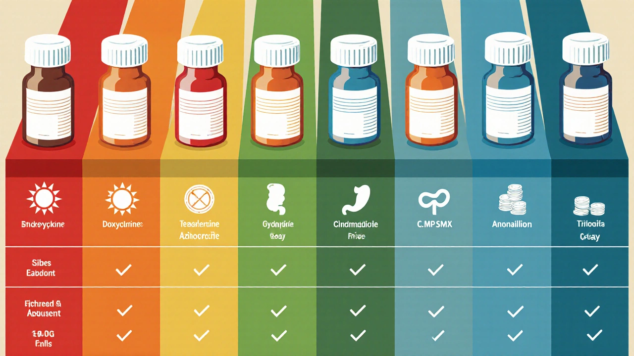 Constructivist illustration of a comparison layout showing various antibiotic pills with icons for cost and side effects.