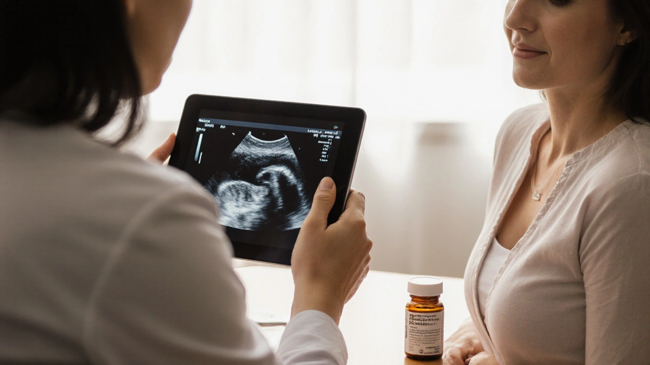 Doctor&#039;s office showing woman discussing treatment with physician.
