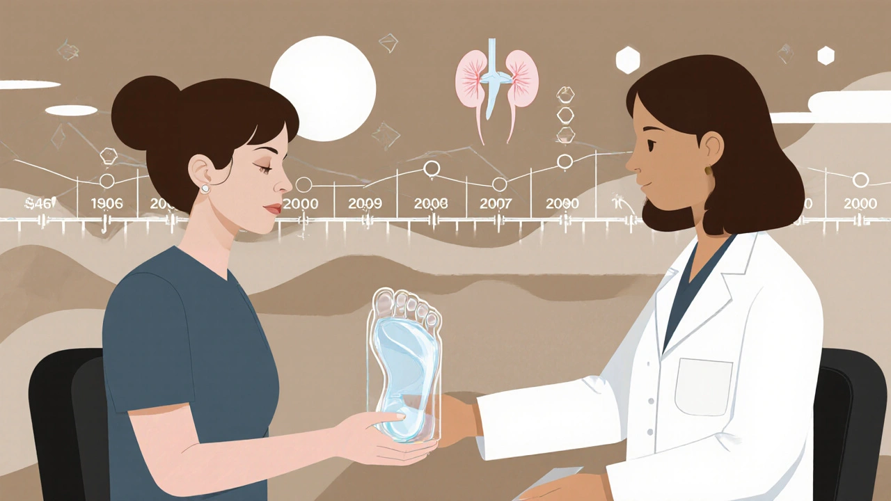 Doctor examining swollen foot model, medication timeline as rising water, abstract heart and kidneys in background.