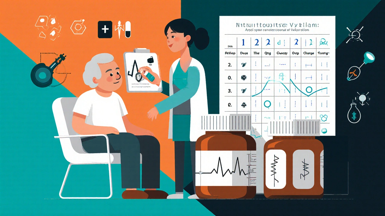 Elderly patient receiving ECG, pill bottles with dose caps, and monitoring checklist.