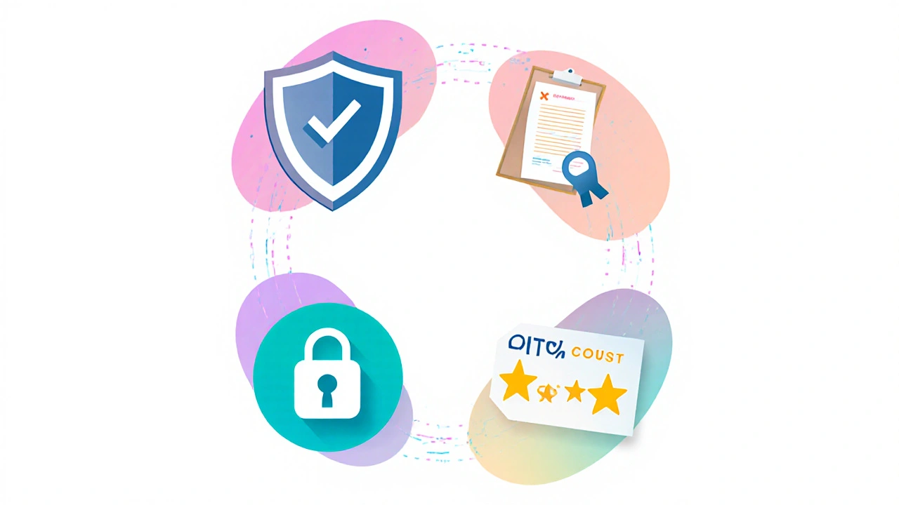 Five instructional icons: license shield, prescription clipboard, padlock, price tag, star rating.