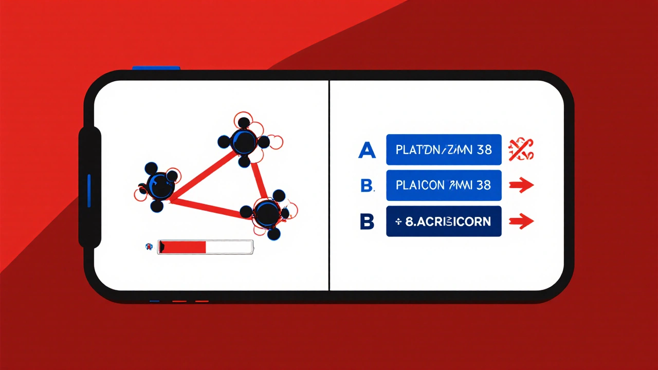 Geometric comparison of three drugs showing efficacy arrows and bleeding risk bars with trial icons.