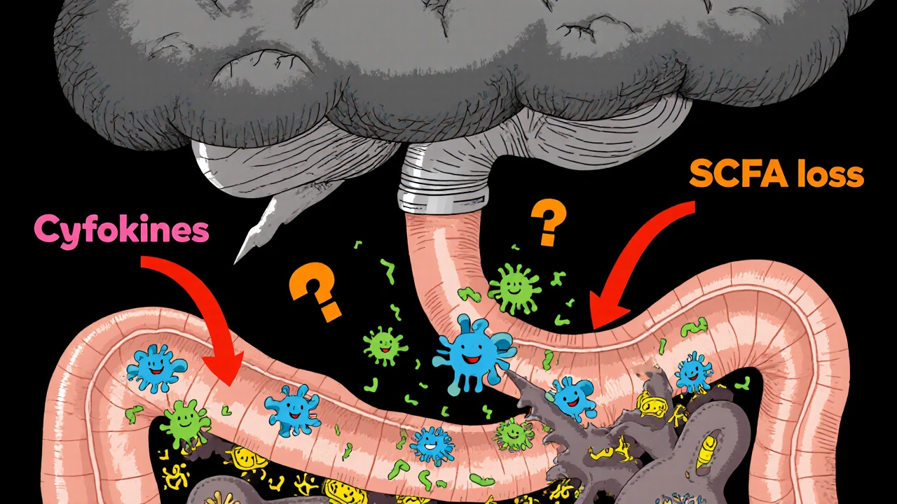 Gut cross‑section showing Cefaclor pushing out happy microbes, causing brain anxiety clouds.