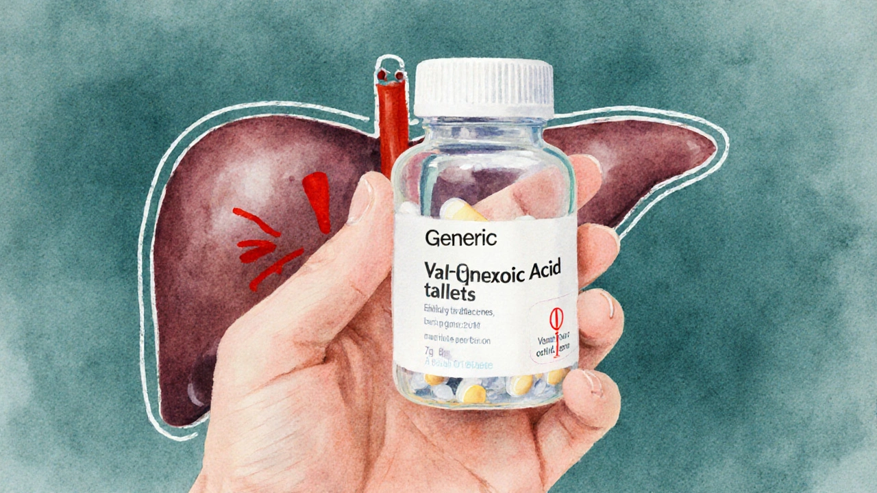 Hand holding generic pill bottle with transparent liver overlay indicating side effects.