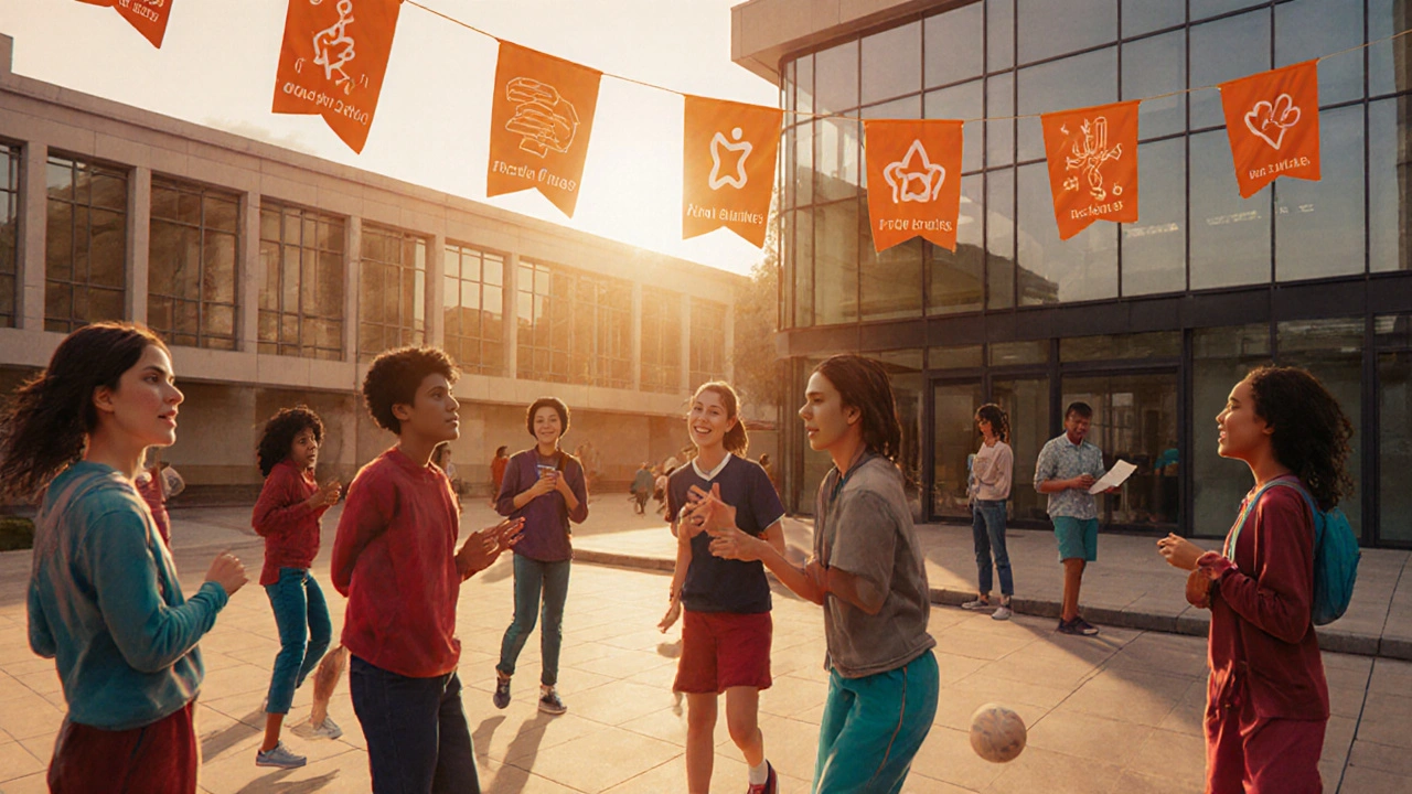 Happy teens enjoy a school courtyard, showing positive outcomes of education.