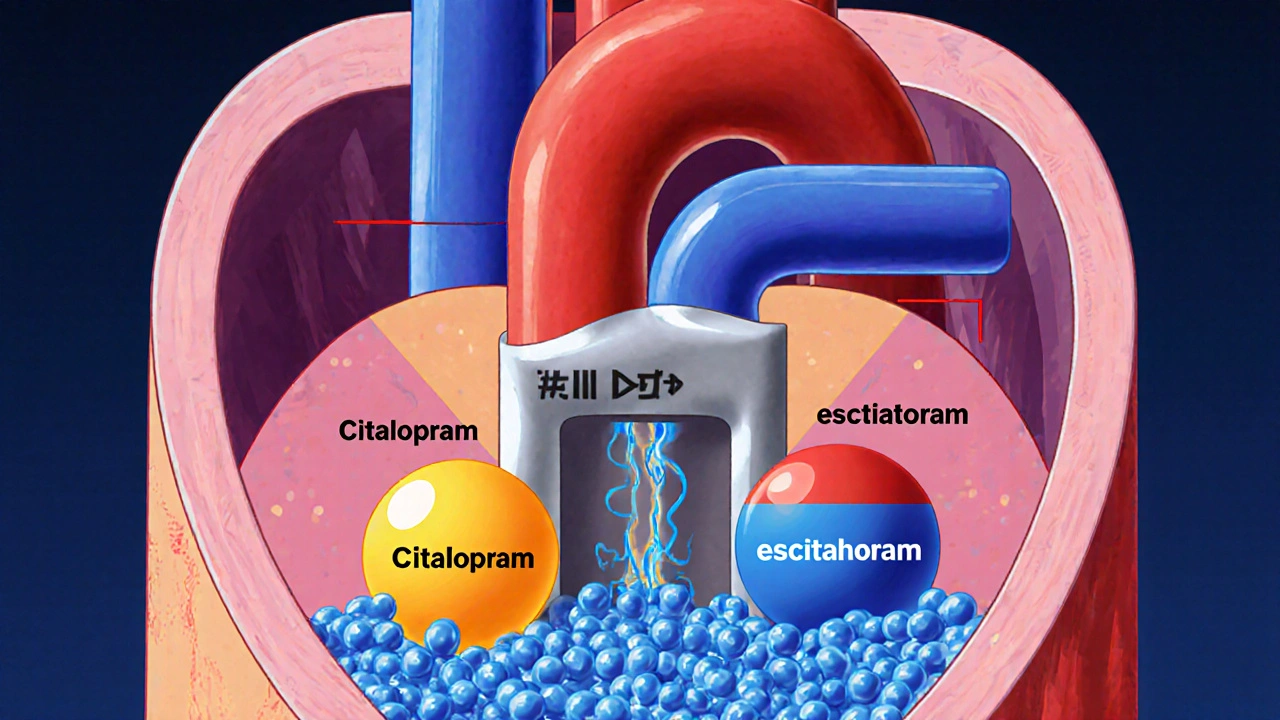 Heart illustration with hERG channel blocked by citalopram and escitalopram molecules.