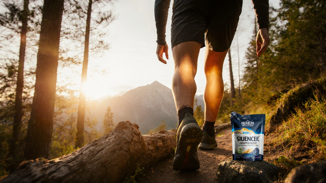 Hiker walking on a sunlit forest trail with knees highlighted, supplement pouch on a rock.