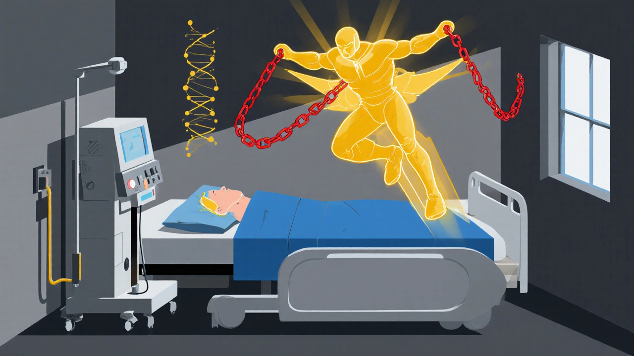 Hospital scene with dialysis machine and metformin depicted as a hero.