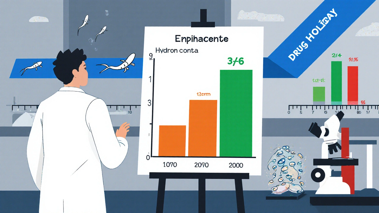 Lab scene showing decreased sperm count graph and recovery after drug holiday.