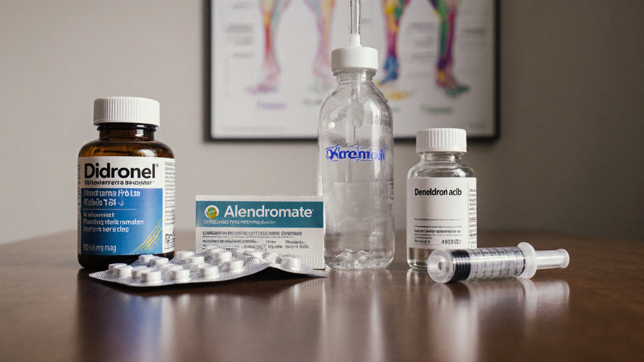 Medical desk with various bisphosphonate bottles, IV bag, and syringe.