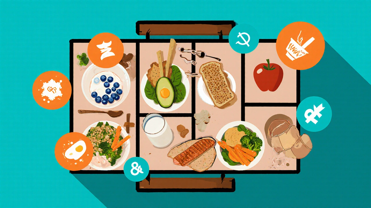 Overhead view of a table showing a full day's meal plan with various healthy dishes and nutrient icons.