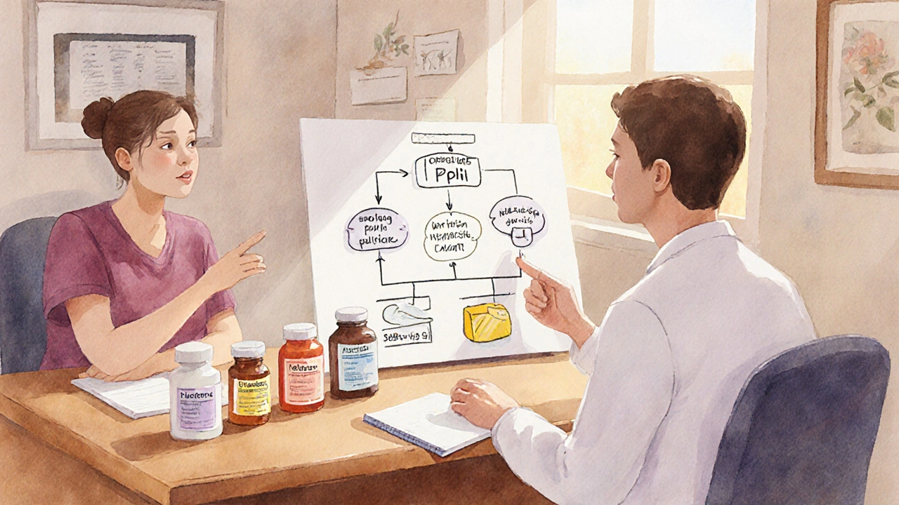Patient and doctor discussing NSAID options with medication bottles on a desk.