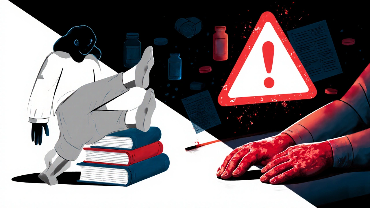 Patient elevating feet and chemotherapy patient with blistered hands, fragmented medical symbols around them.