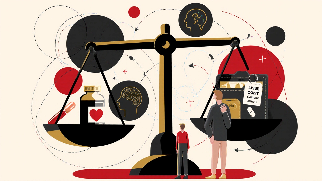 Patient weighs amitriptyline against alternatives on an abstract scale with health factors.