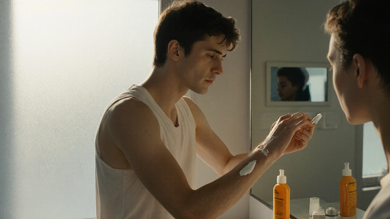 Person applying cream, showing partial skin lightening, with sunscreen bottle nearby.
