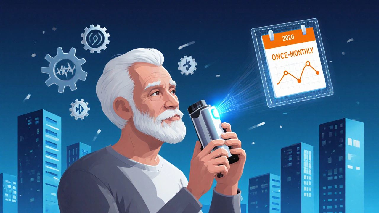 Senior using a glowing smart inhaler with digital symbols and futuristic backdrop.
