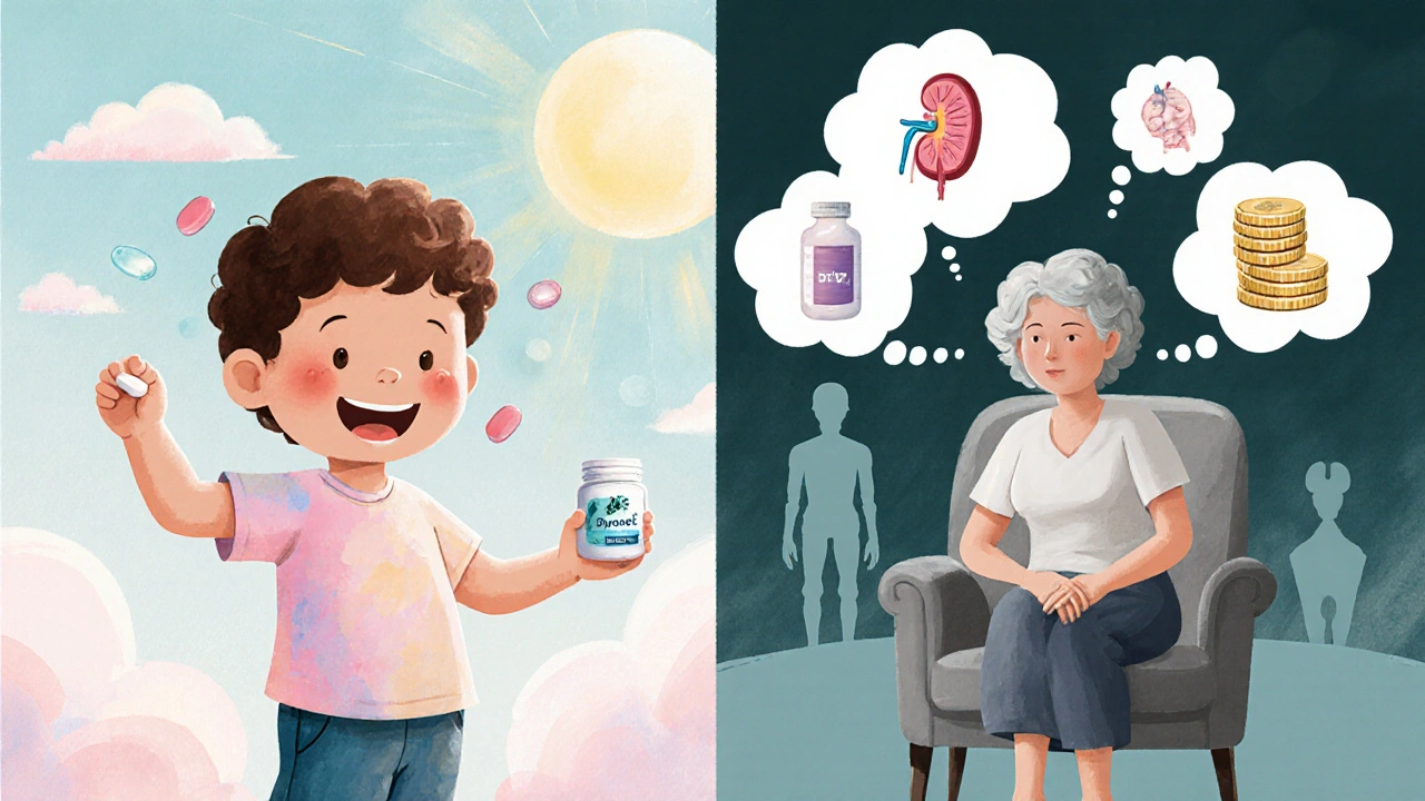 Split illustration of a child with a tablet and an older adult considering treatment options.