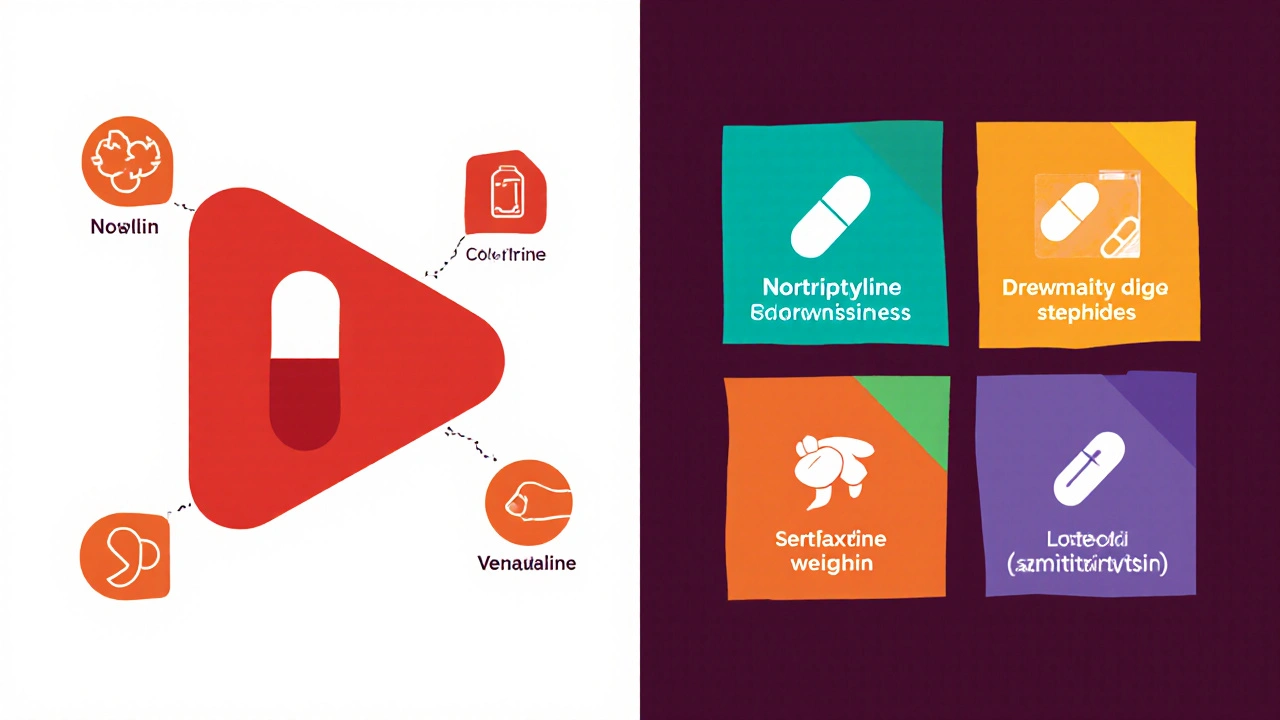 Split scene comparing amitriptyline with four alternative drugs and their side effects.