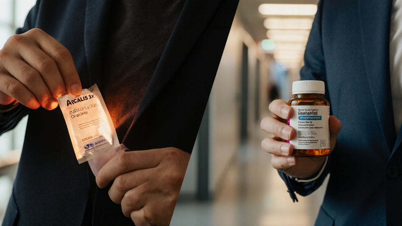 Split scene of a man choosing between a jelly sachet and a pill bottle.