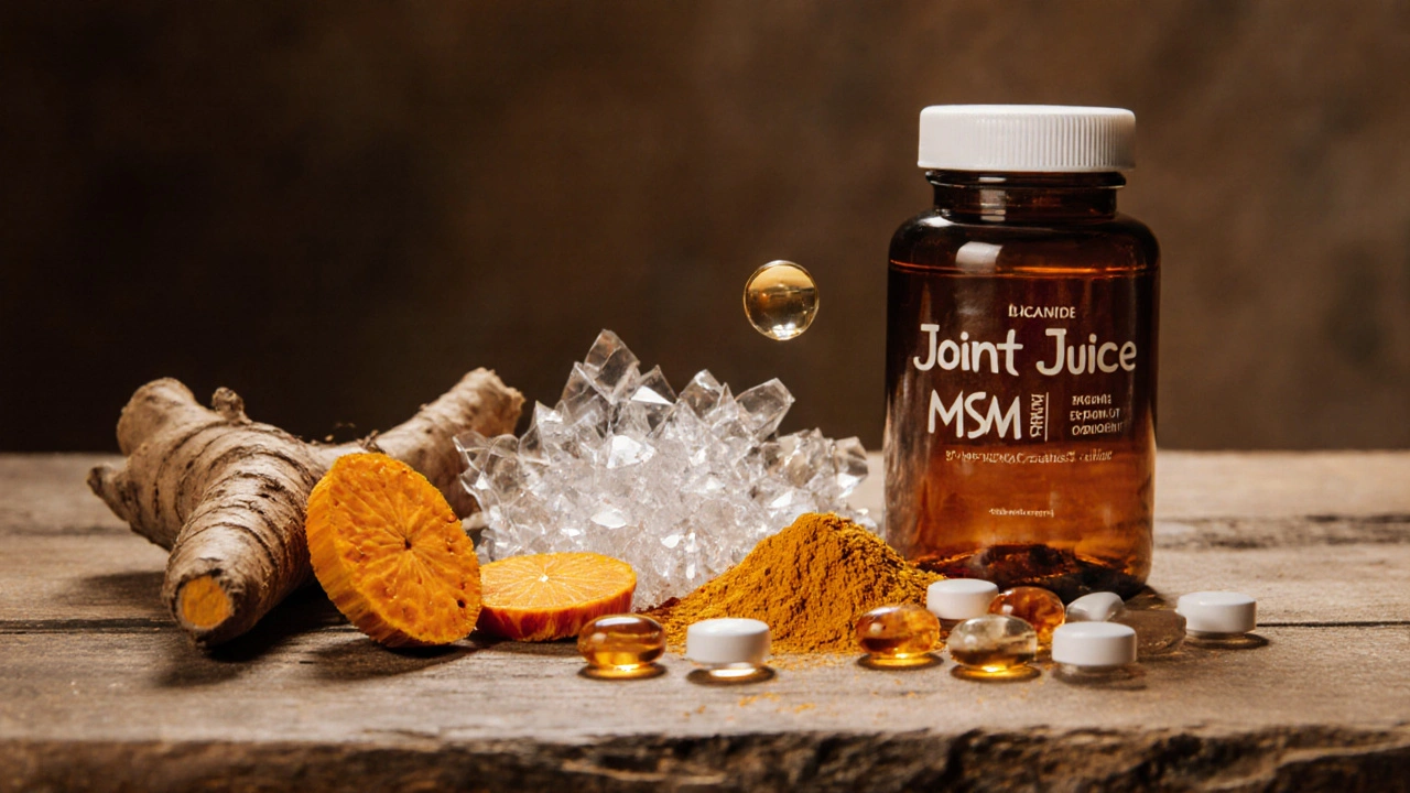 Still‑life of turmeric, glucosamine, chondroitin, MSM crystals, and Joint Juice liquid on wood.