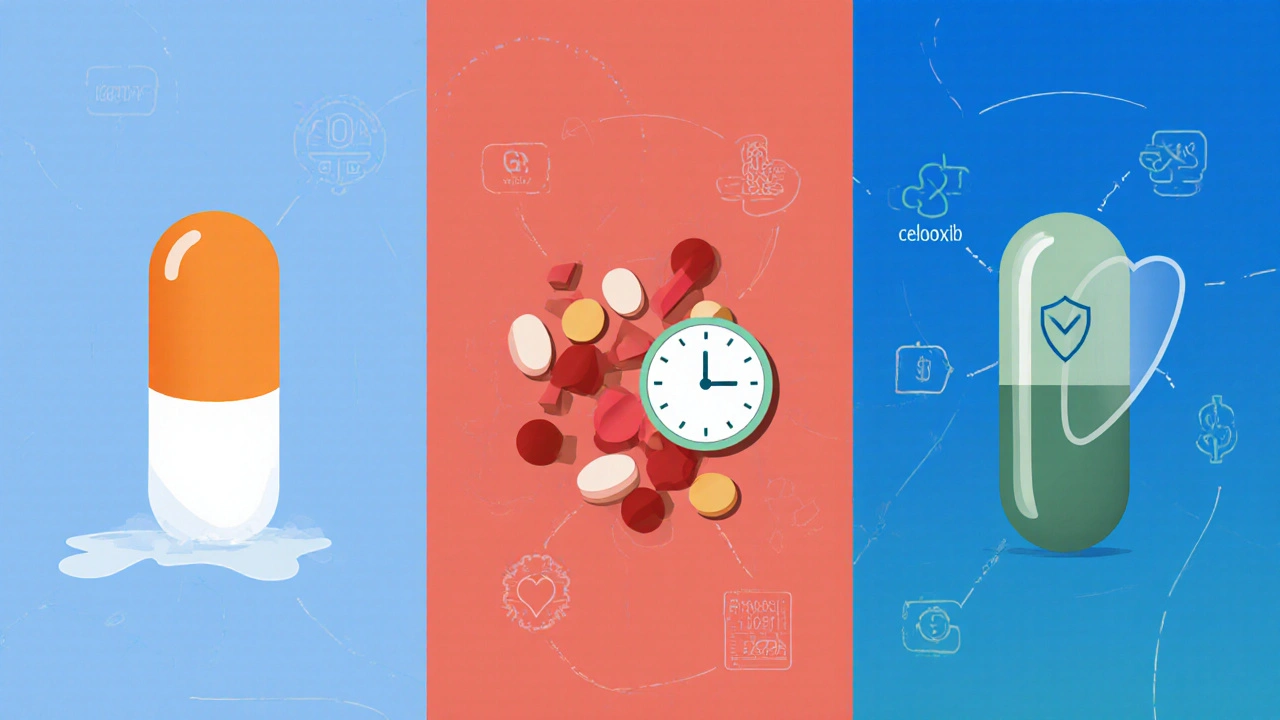 Three panel illustration comparing Diclofenac SR, ibuprofen/naproxen, and a COX‑2 capsule with icons.