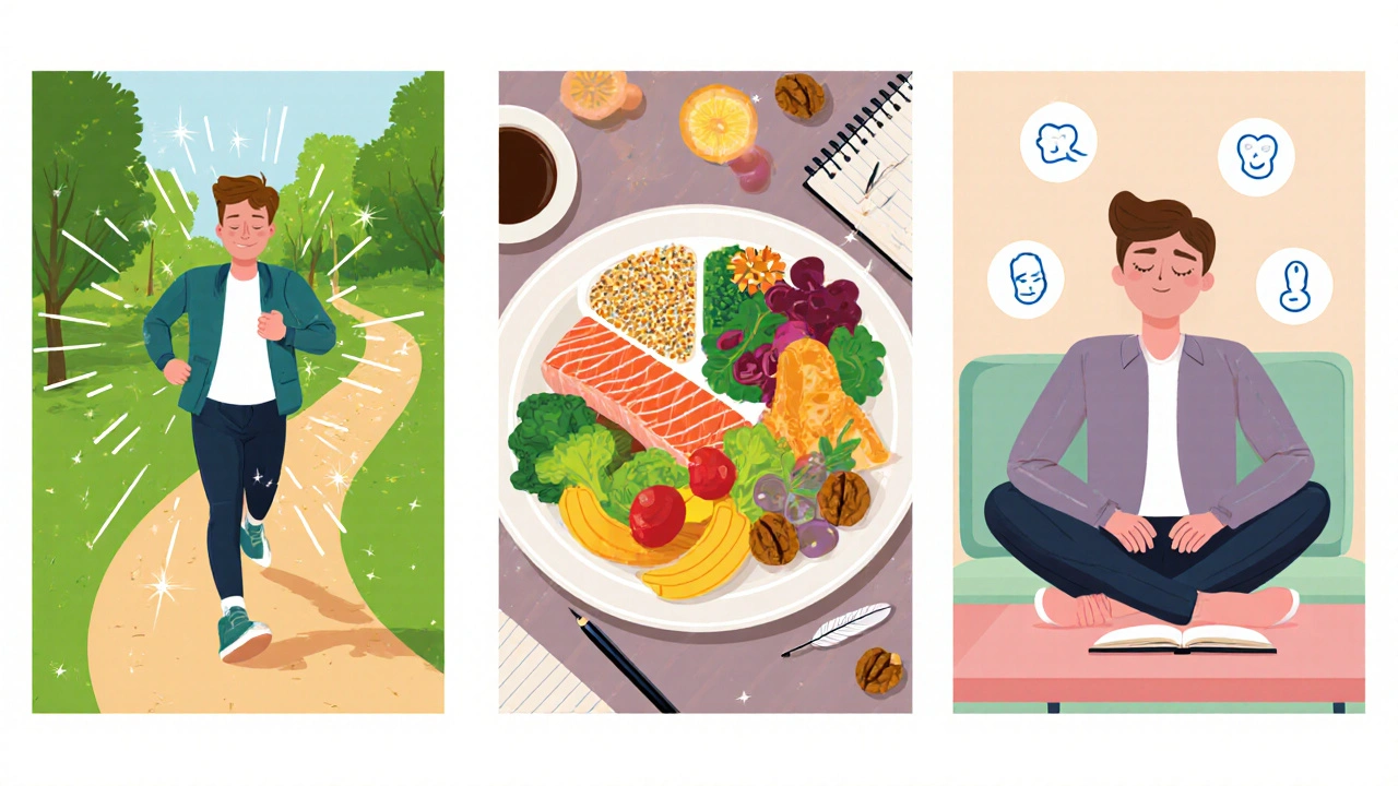 Three panels: walking in a park, balanced meal plate, and mindful breathing with a notebook.