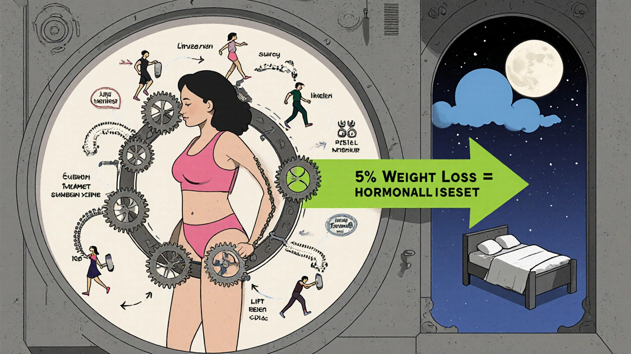 A circular diagram of PCOS symptoms linked by gears, with healthy habits breaking the cycle in industrial-style illustration.