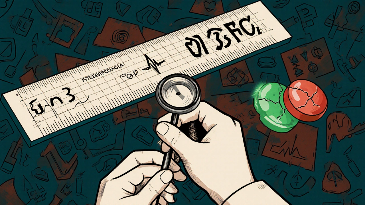 A clinician&#039;s hand measuring a QT interval with formulas and contrasting antibiotic icons in bold Constructivist composition.