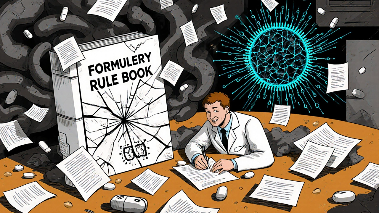 A doctor signs a waiver amid chaotic paperwork and broken formulary books, while an AI analyzes genetic data in the background.