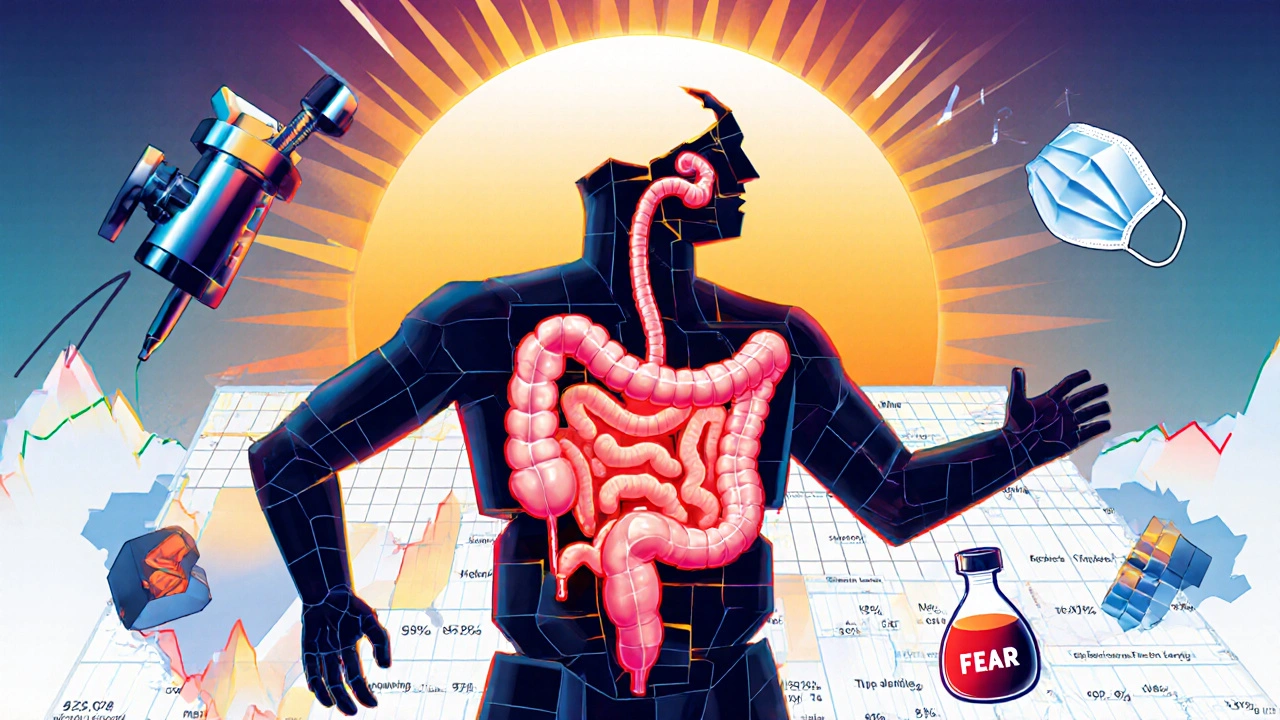 A geometric human figure with a glowing colon, surrounded by medical tools and rising statistics, symbolizing hope and equity.