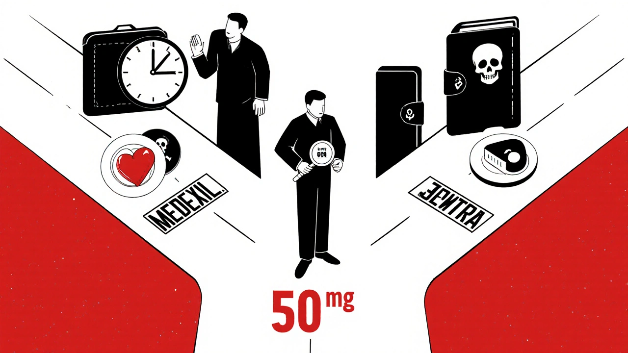 A man choosing between ED medication paths, with counterfeit pills lurking behind him.