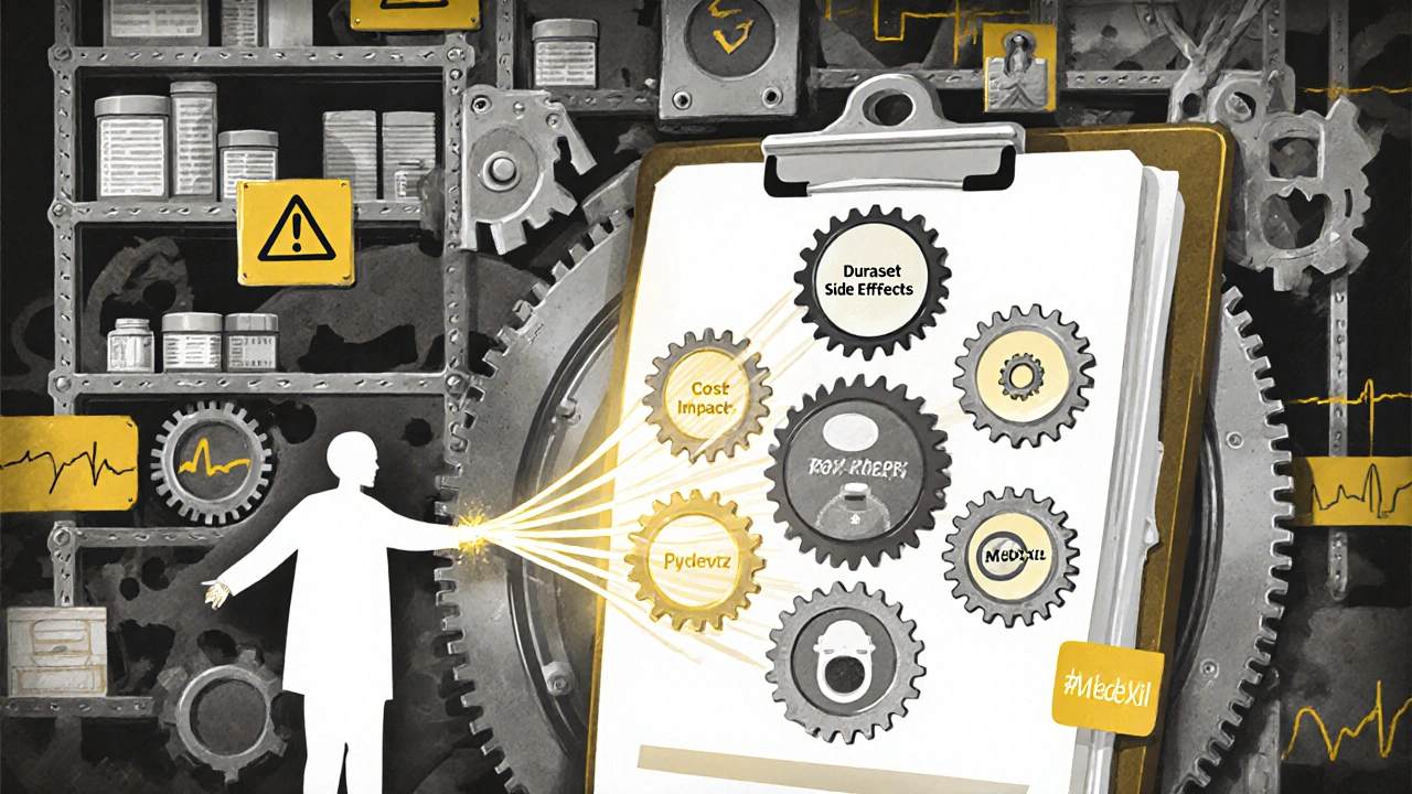 A mechanical clipboard with rotating drug property gears, highlighting Medexil as the most efficient.