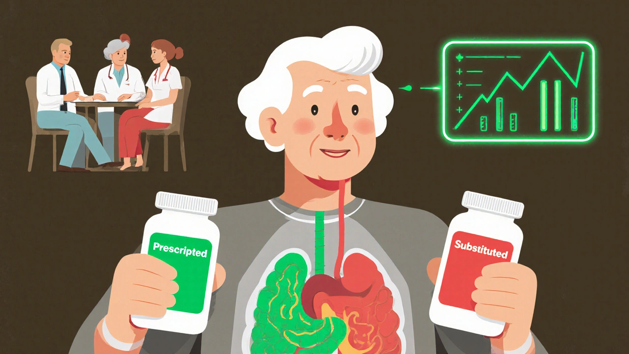 A nursing home resident holds two pill bottles while a transparent body shows drug pathways, with a committee reviewing data above.