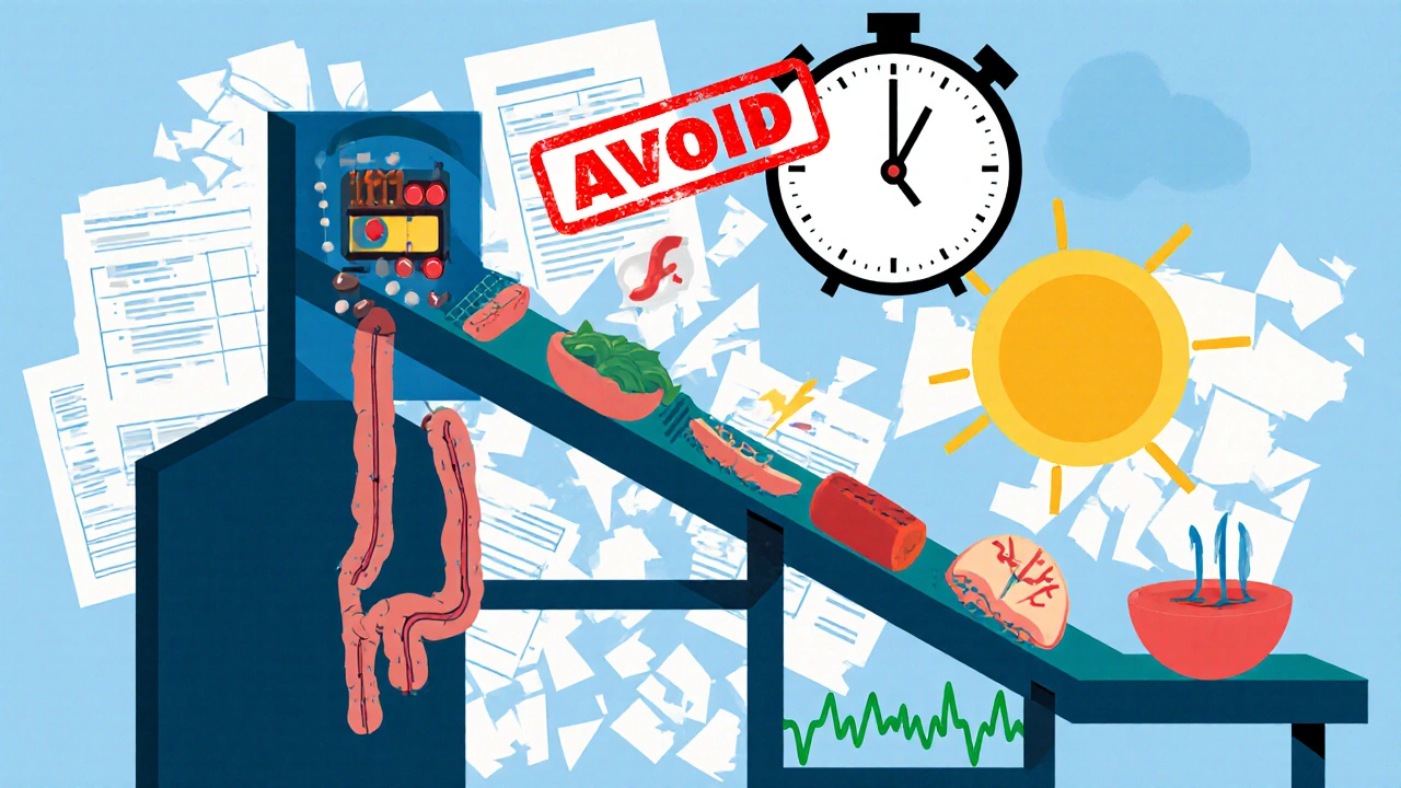 A stylized pancreas factory with glyburide causing constant insulin floods and glipizide activating only during meals.