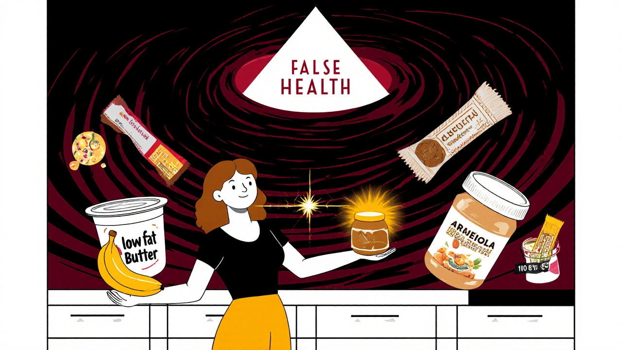 A woman pairing banana with peanut butter, while processed foods swirl into chaos, symbolizing smart food choices against false health trends.