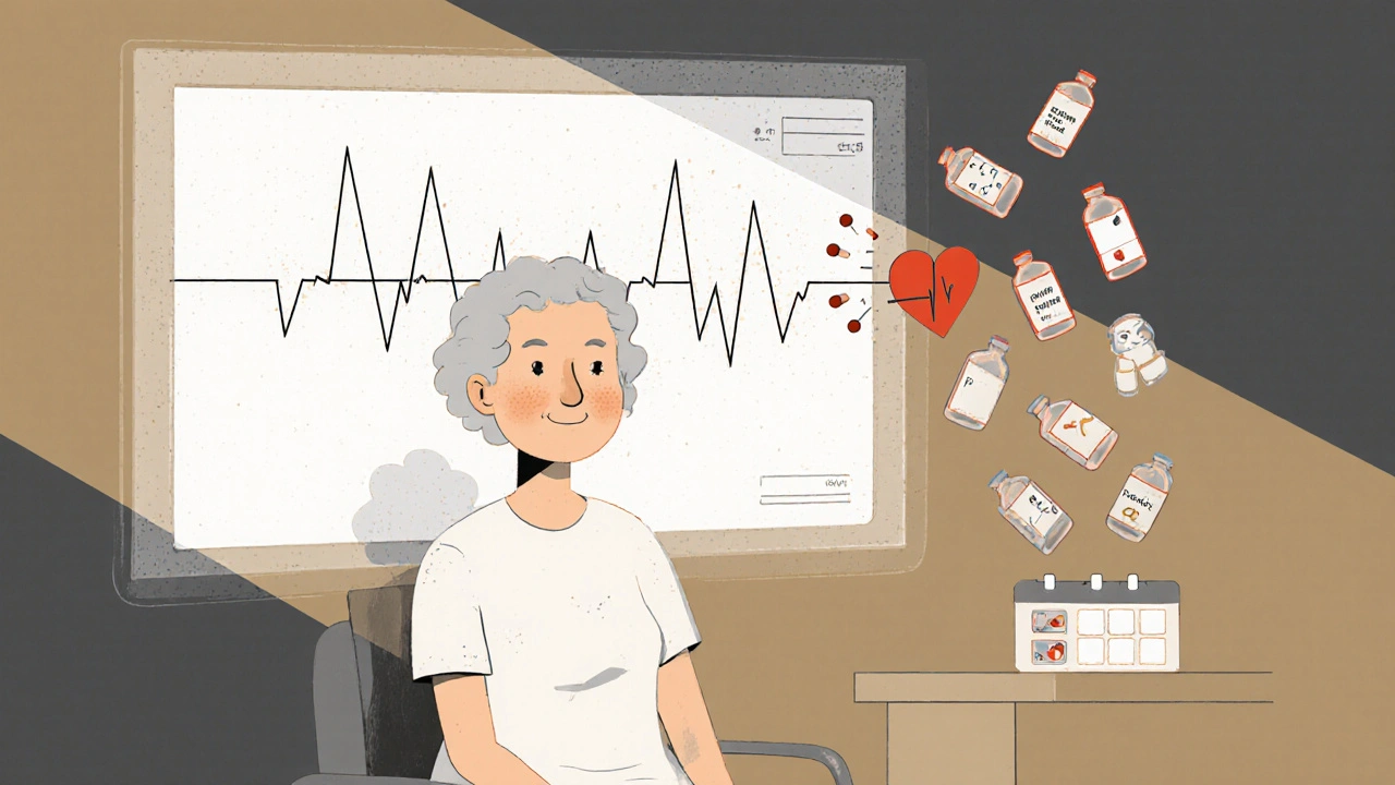 An elderly woman with a looming ECG showing dangerous heart rhythm, surrounded by falling medication icons in abstract industrial design.
