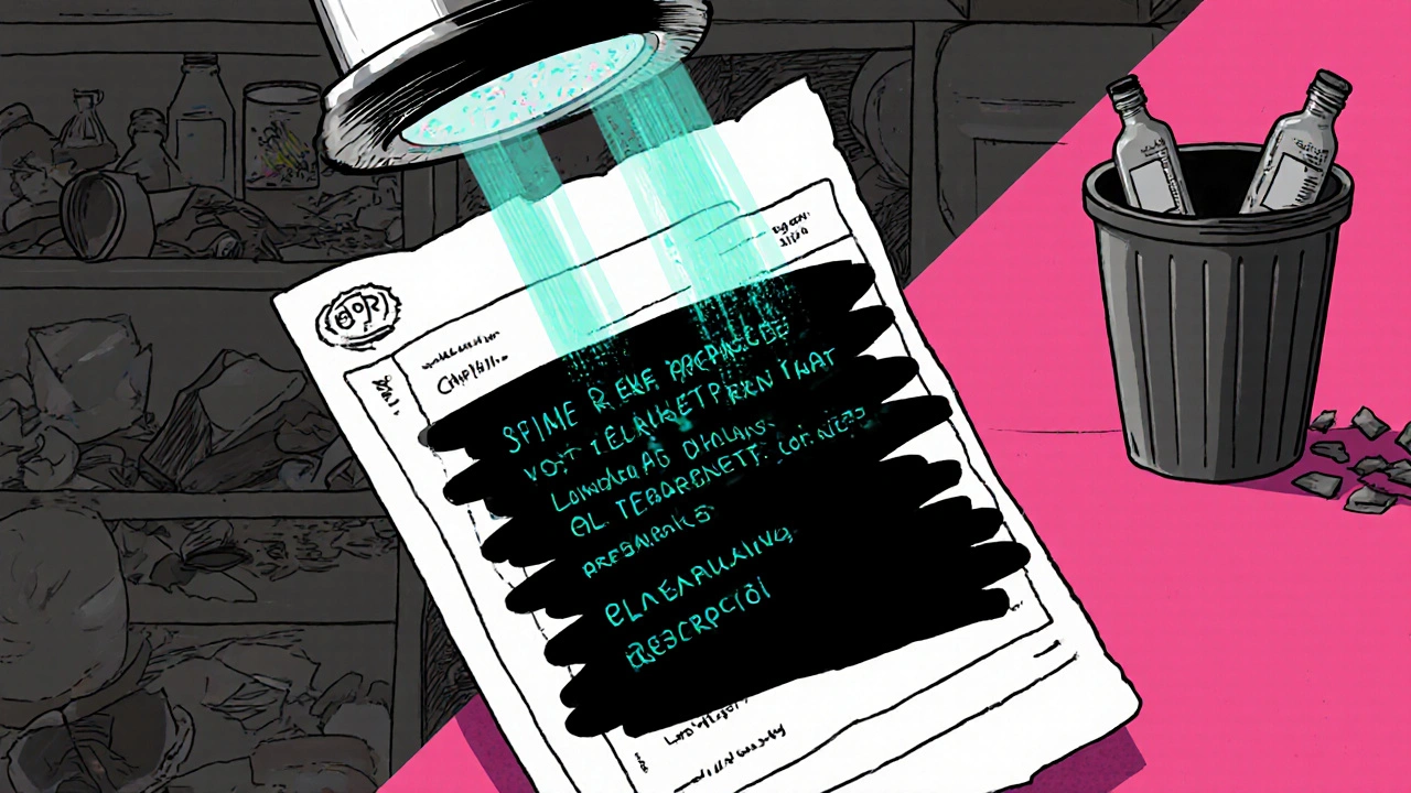 Black marker covering pill bottle label with infrared light revealing hidden text beneath