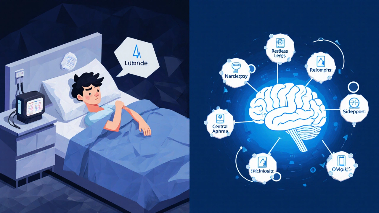 Comparison of home sleep test vs. full polysomnography setup with abstract icons representing sleep disorders and diagnostic precision.