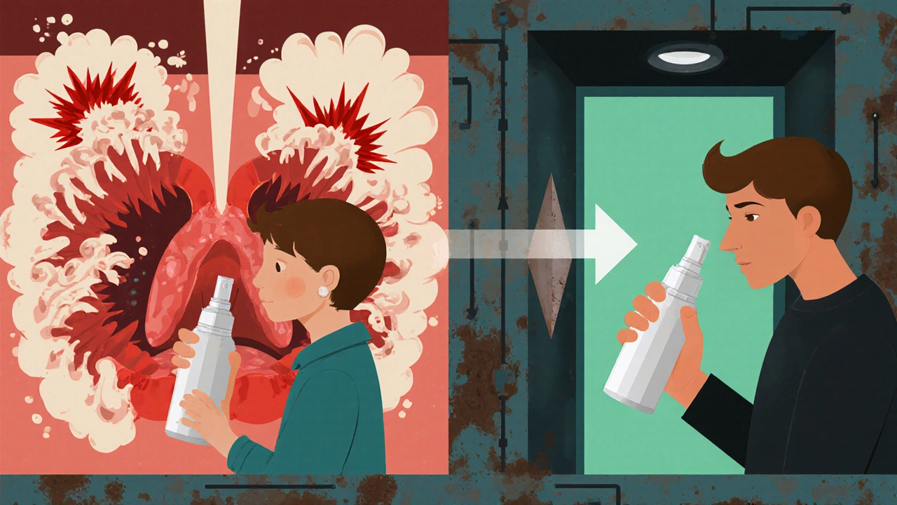 Contrasting chaotic vs. calm nasal cavities with spray nozzle correctly aimed away from the septum.