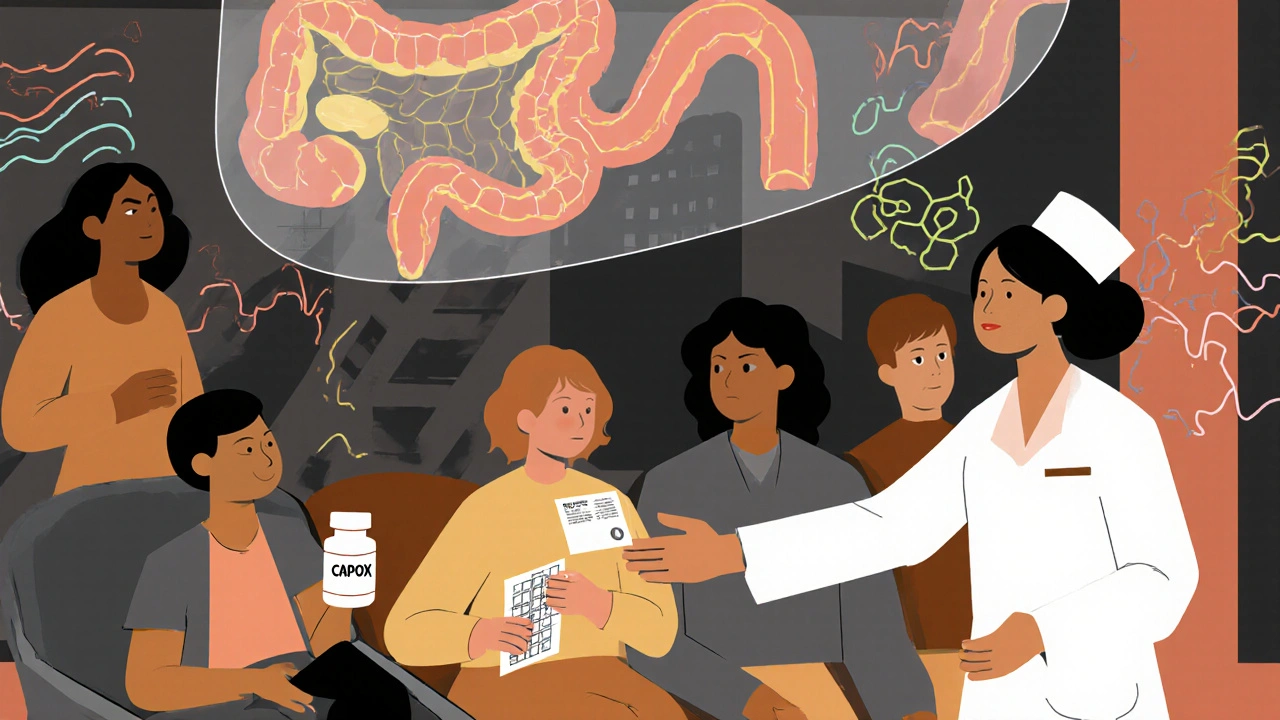 Diverse patients in a clinic with a glowing colon above them, receiving guidance from a nurse, representing accessible screening.
